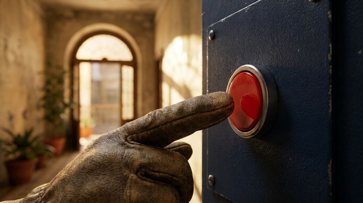 A gloved hand pressing a red emergency button